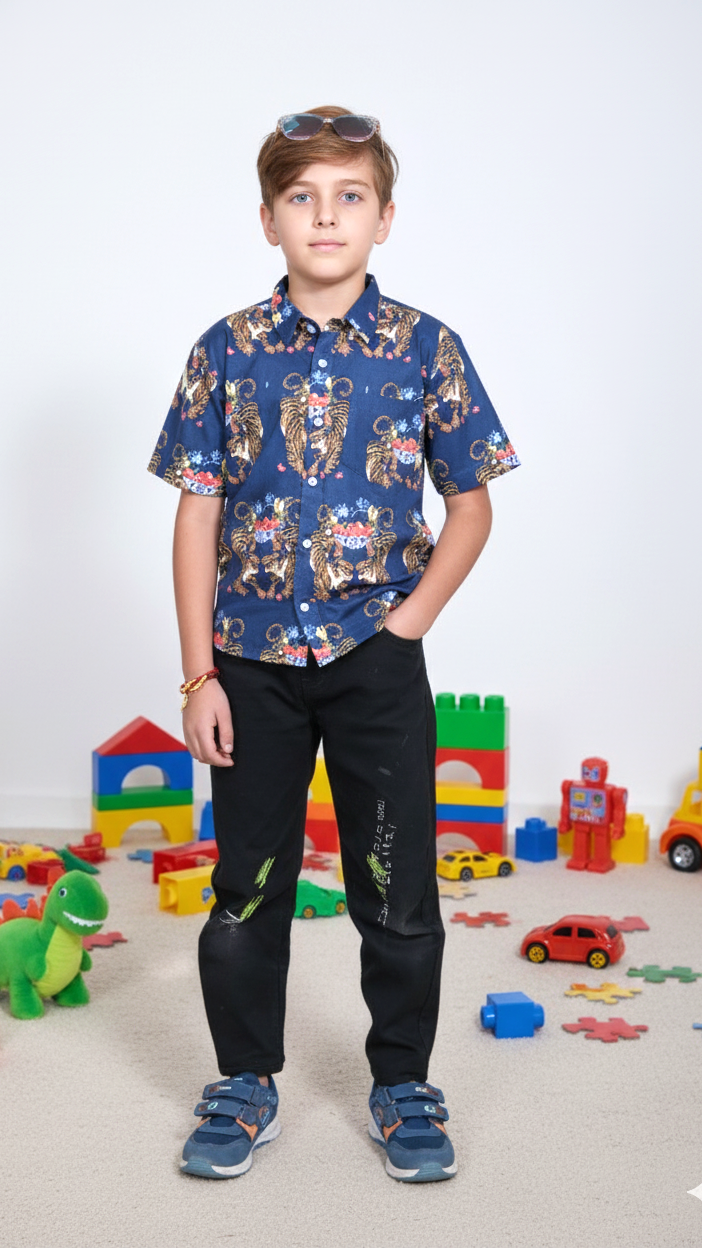 Boys Navy Blue Royal Tiger Print Shirt