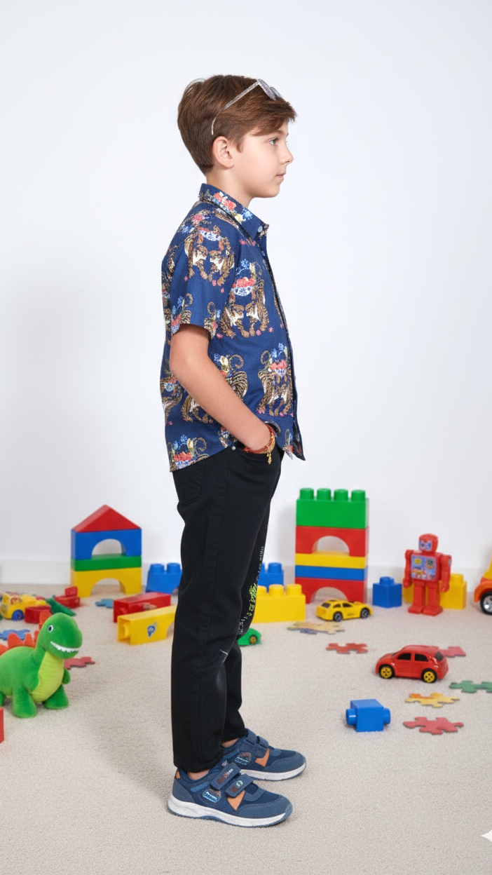Boys Navy Blue Royal Tiger Print Shirt