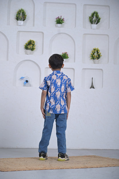 Boys Blue Elephant Print Cotton Shirt