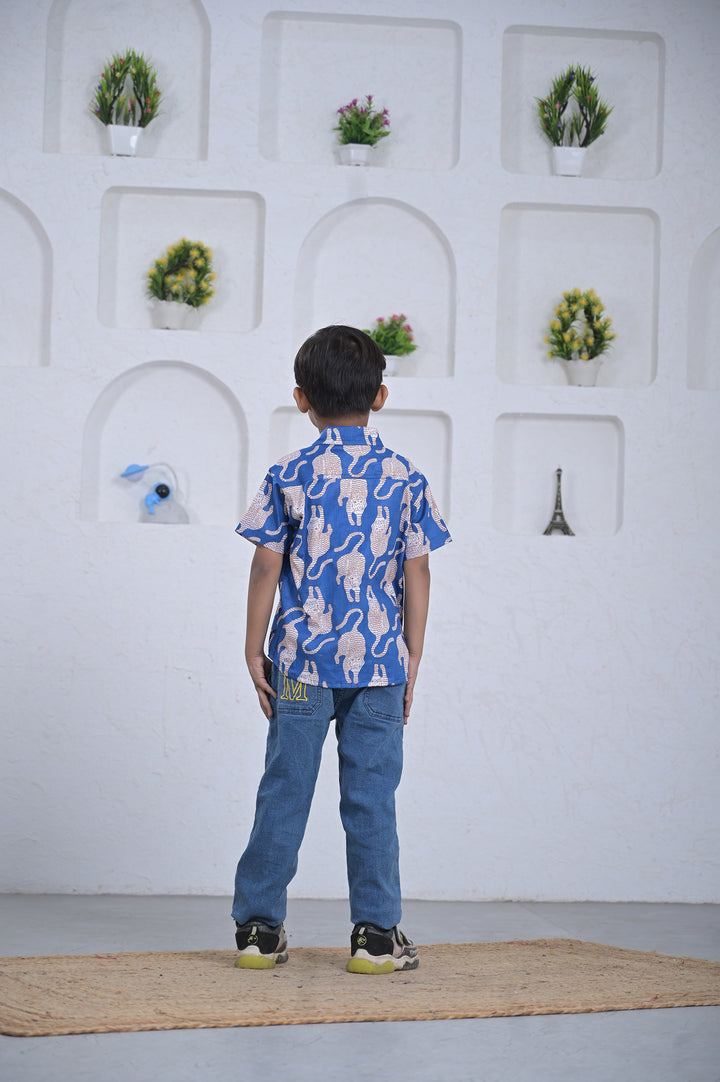 Boys Blue Elephant Print Cotton Shirt