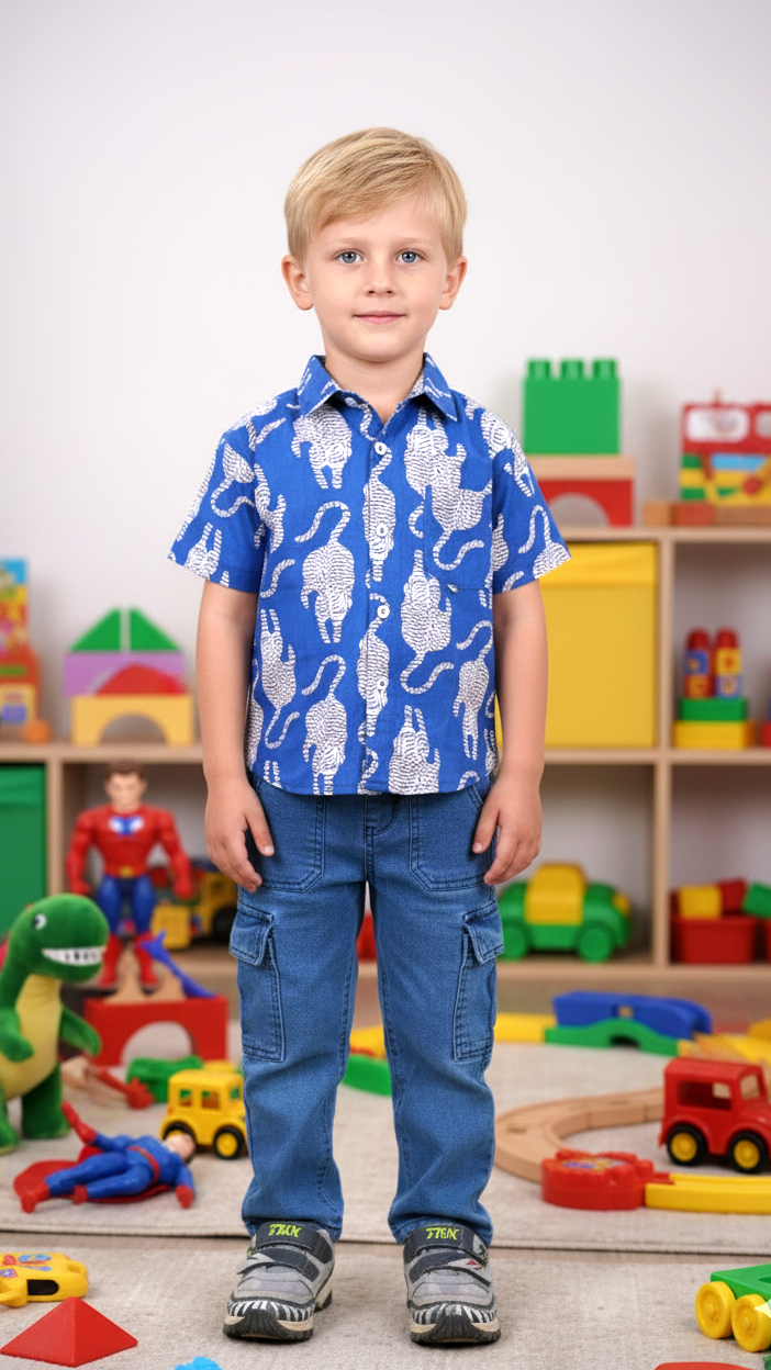 Boys Blue Elephant Print Cotton Shirt