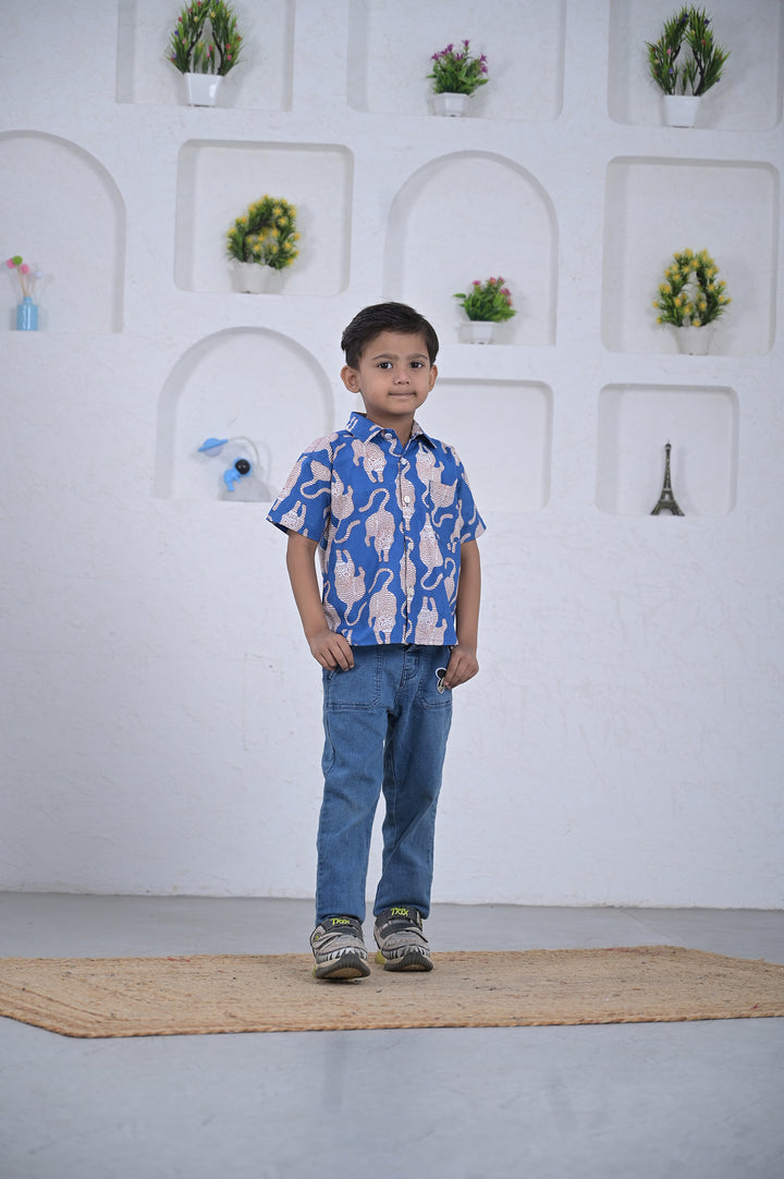 Boys Blue Elephant Print Cotton Shirt