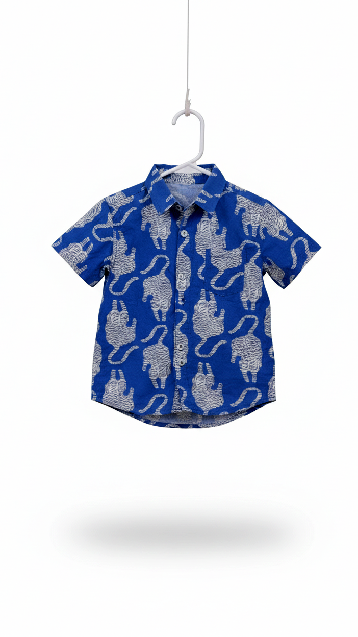 Boys Blue Elephant Print Cotton Shirt