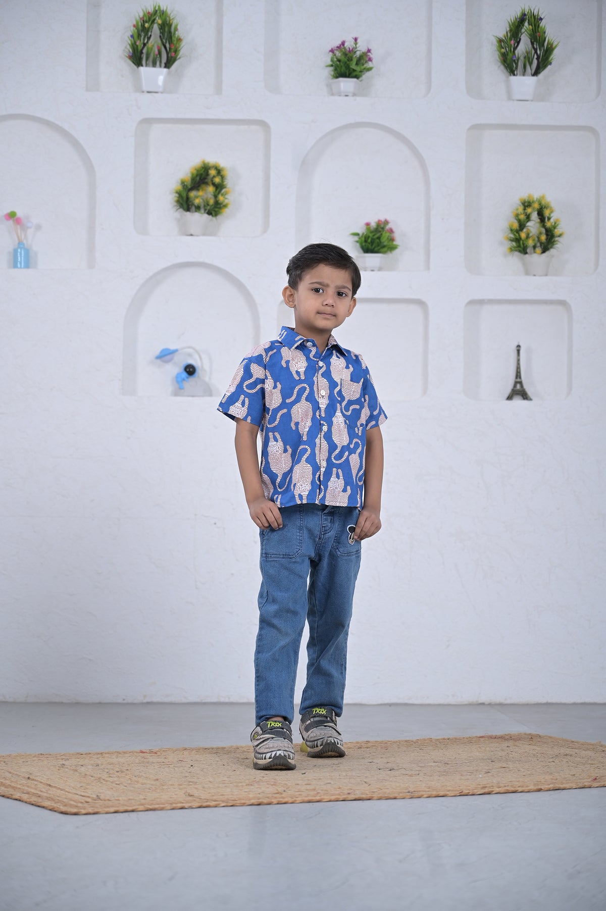 Boys Blue Elephant Print Cotton Shirt