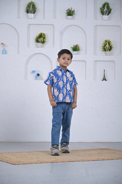 Boys Blue Elephant Print Cotton Shirt