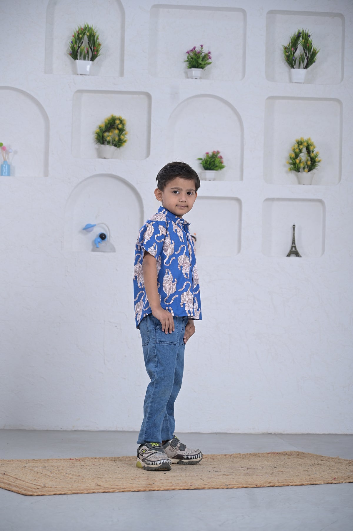 Boys Blue Elephant Print Cotton Shirt
