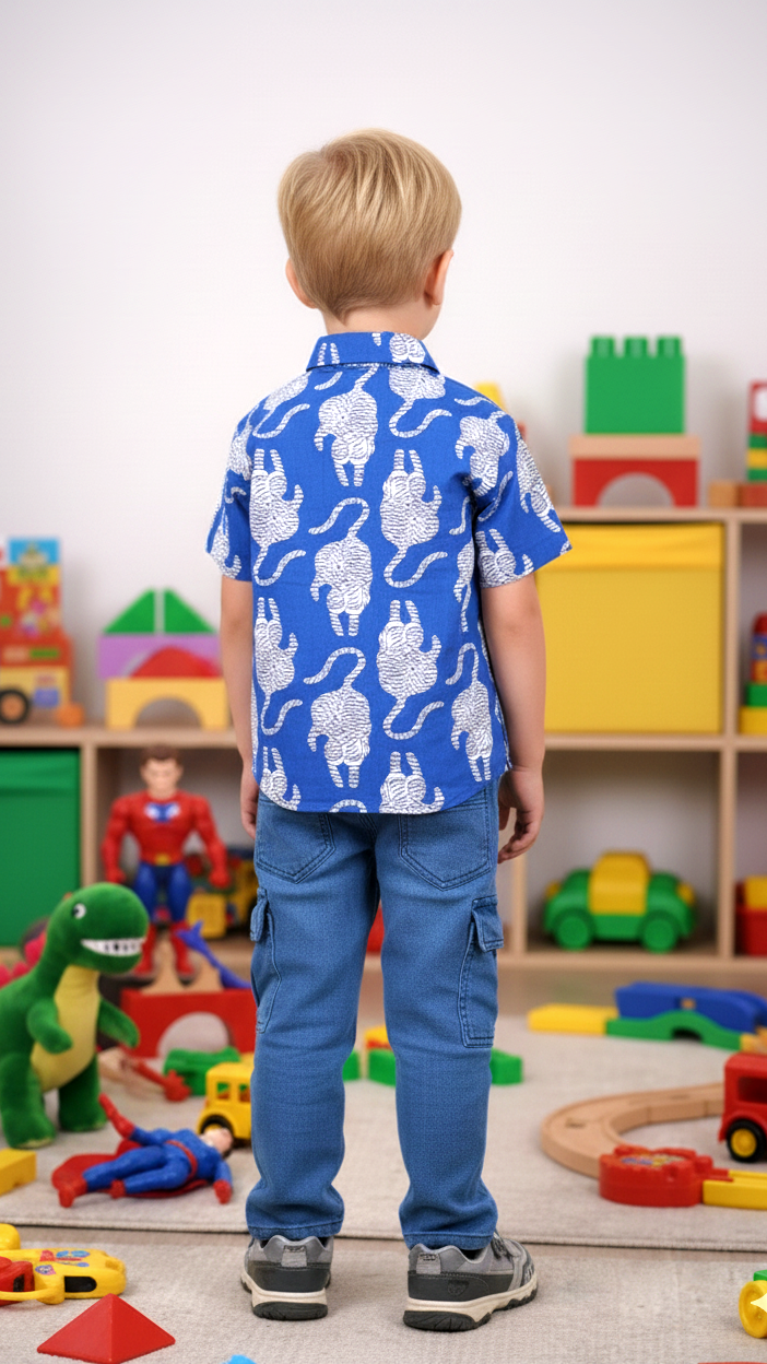 Boys Blue Elephant Print Cotton Shirt