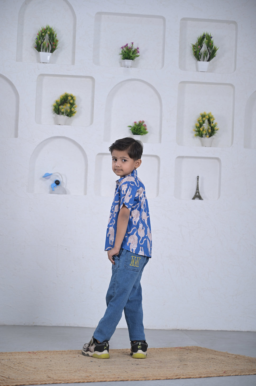 Boys Blue Elephant Print Cotton Shirt