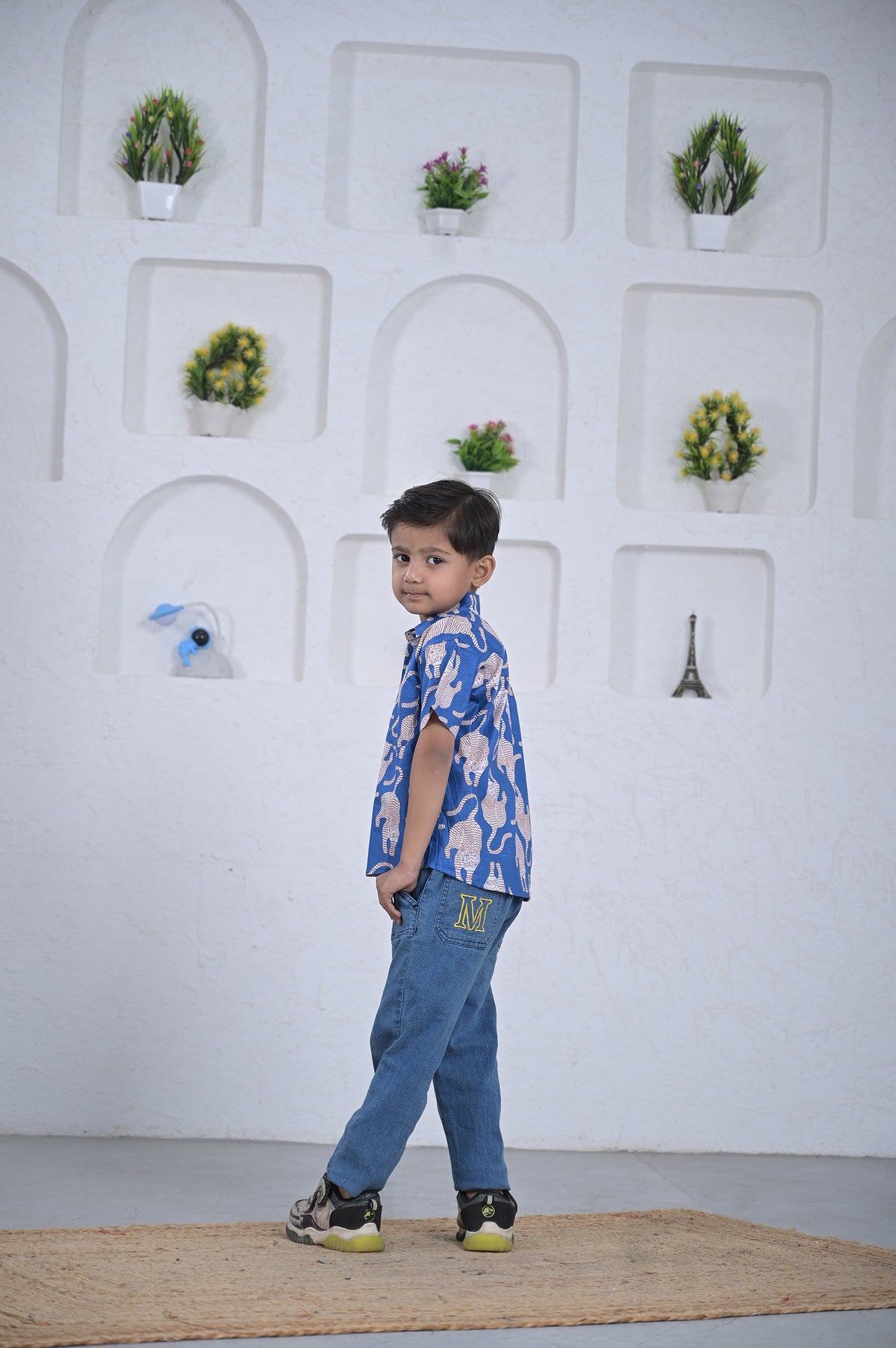 Boys Blue Elephant Print Cotton Shirt