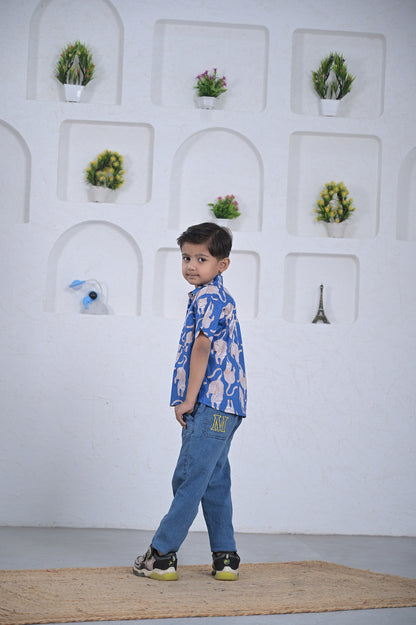 Boys Blue Elephant Print Cotton Shirt
