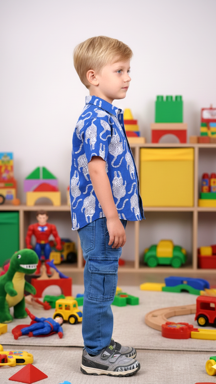 Boys Blue Elephant Print Cotton Shirt
