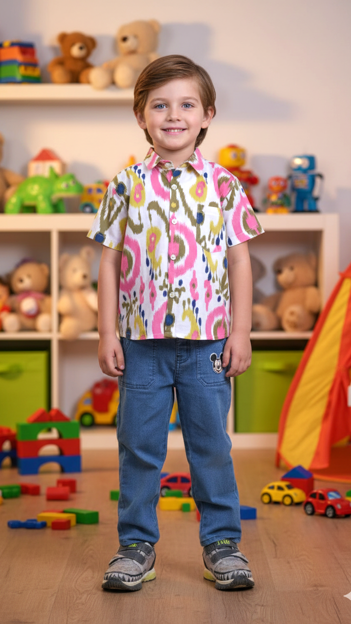 Boys Multicolor Ikat Print Cotton Shirt