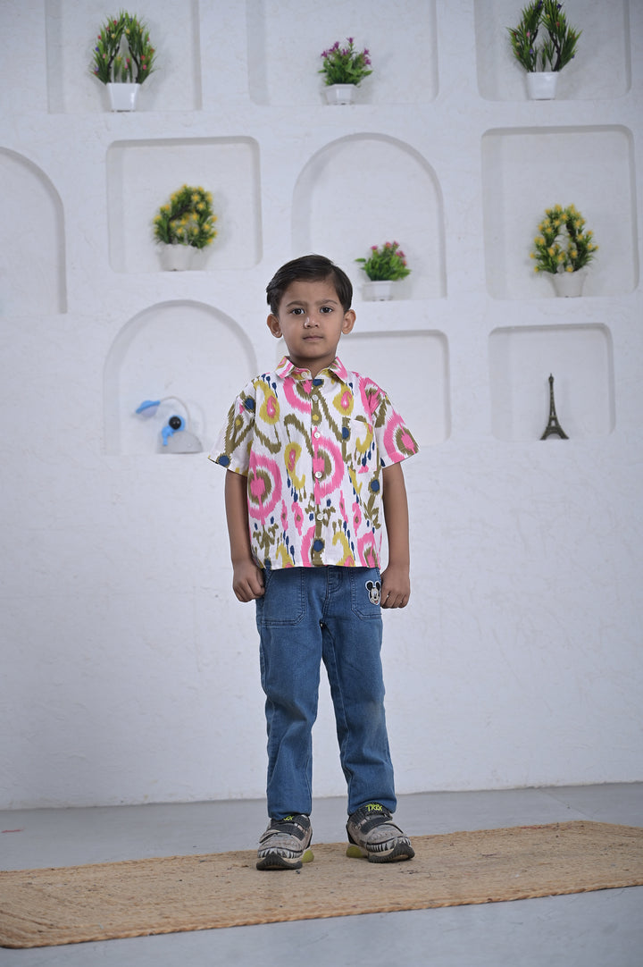 Boys Multicolor Ikat Print Cotton Shirt