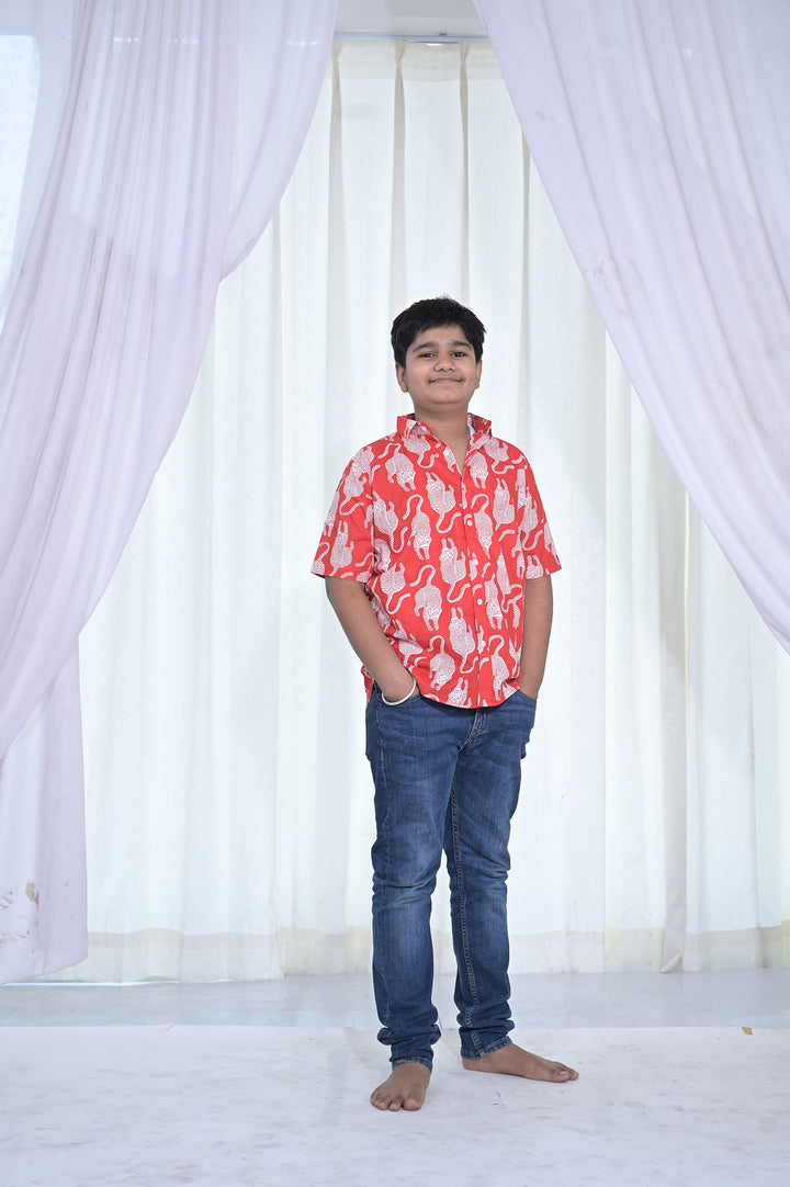 Boys Red Cat Print Cotton Shirt