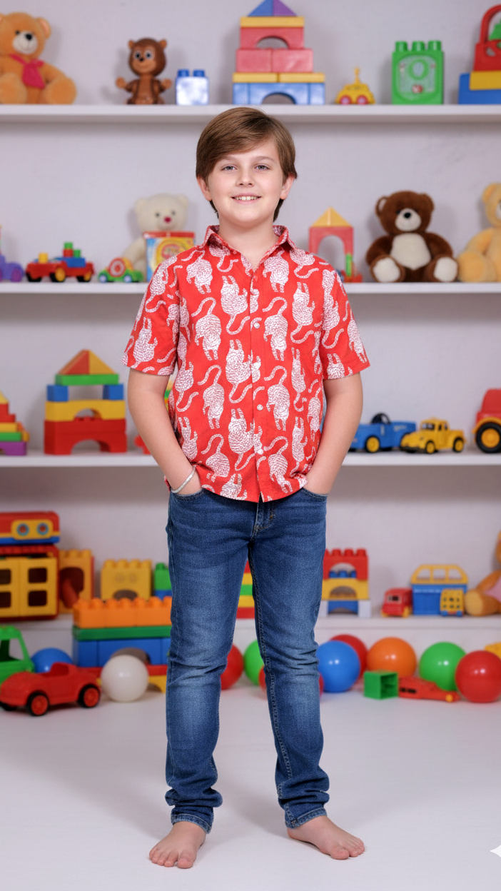 Boys Red Cat Print Cotton Shirt