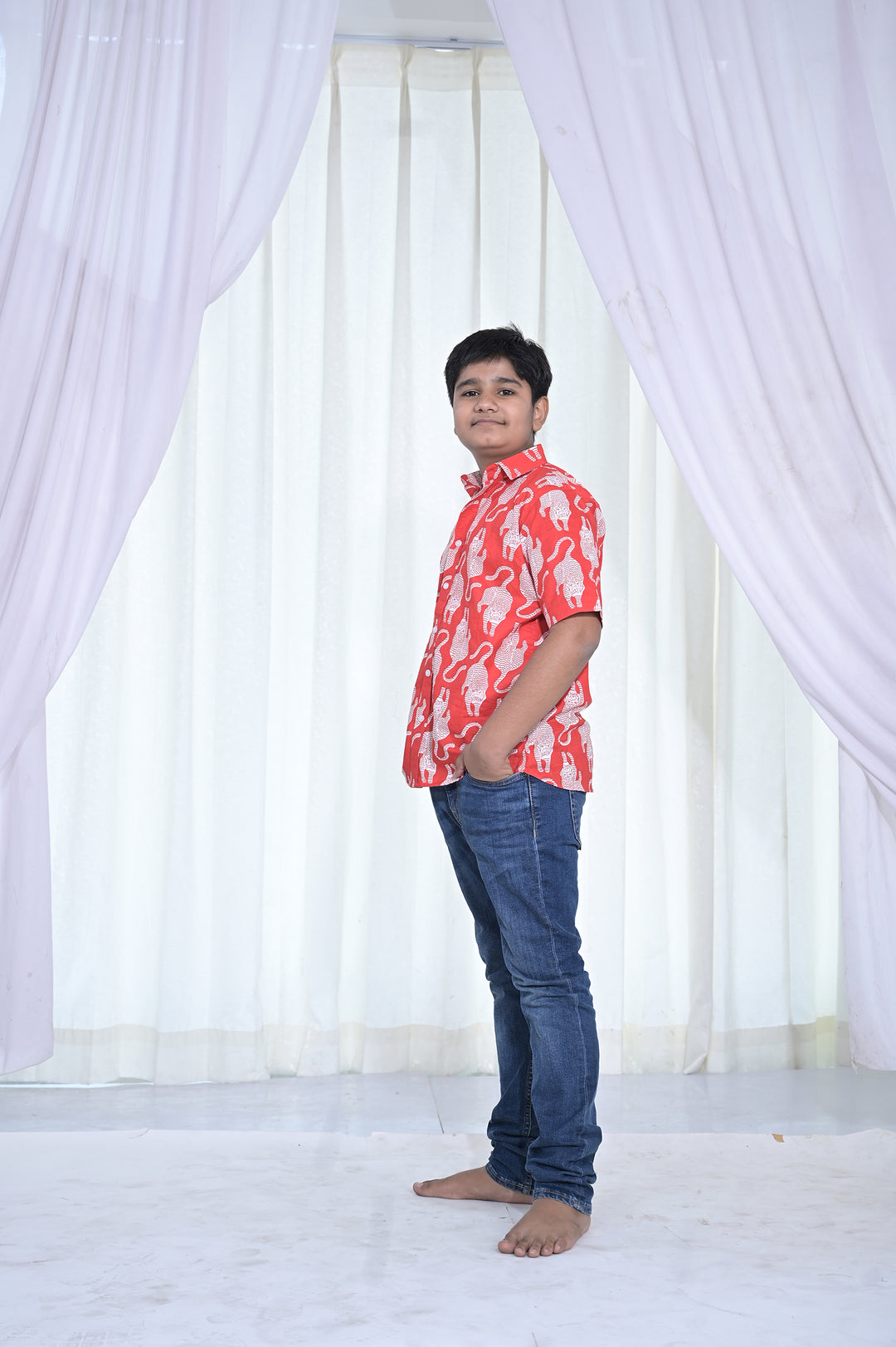 Boys Red Cat Print Cotton Shirt
