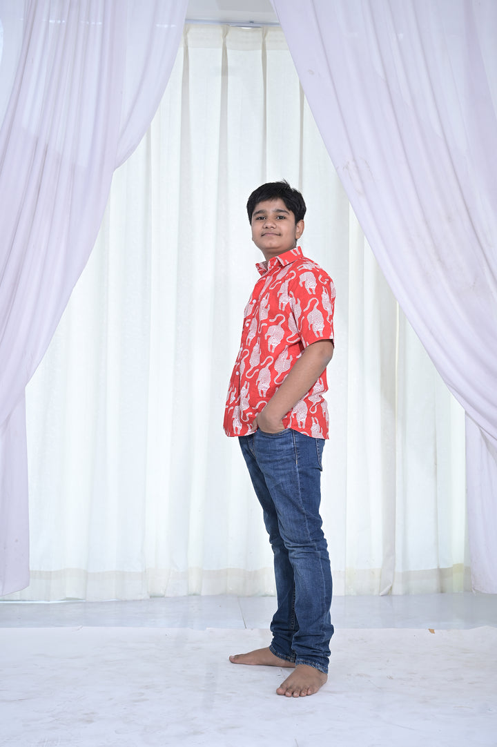 Boys Red Cat Print Cotton Shirt