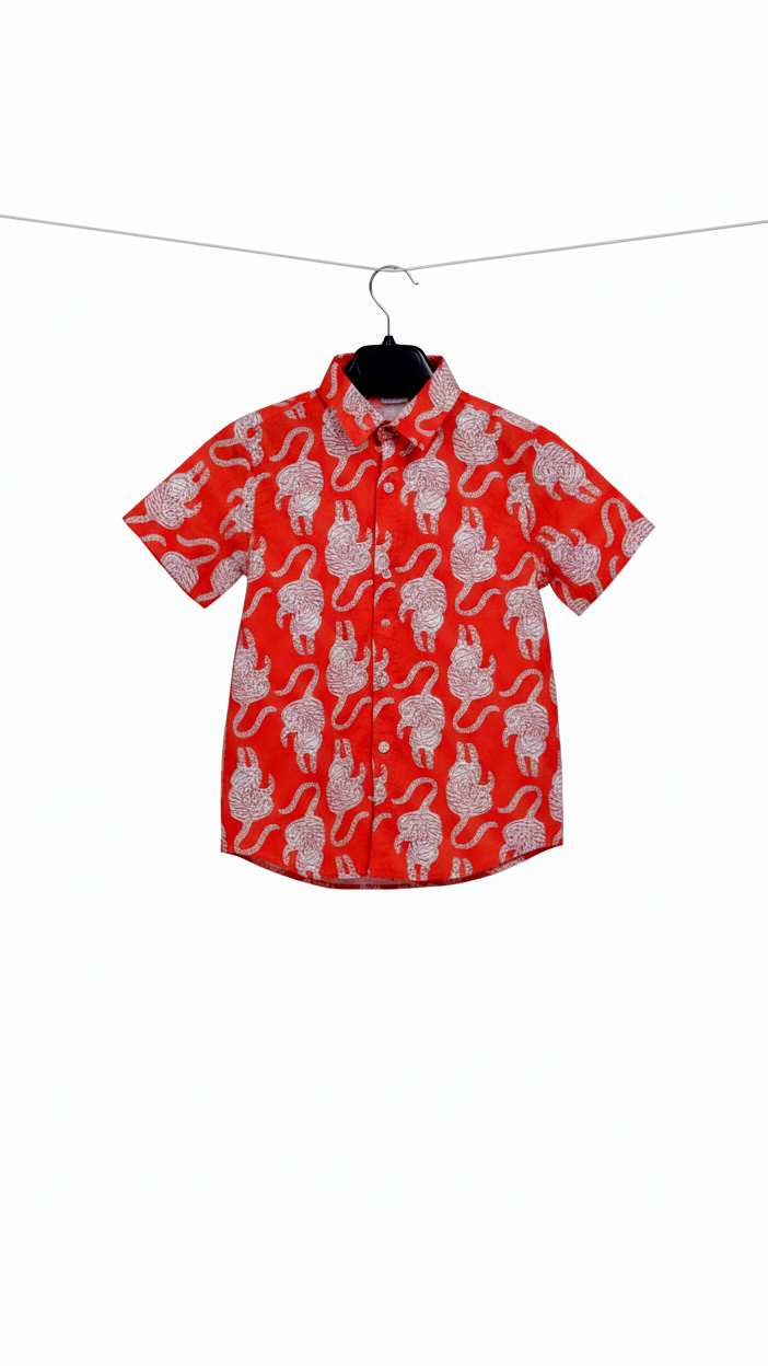 Boys Red Cat Print Cotton Shirt