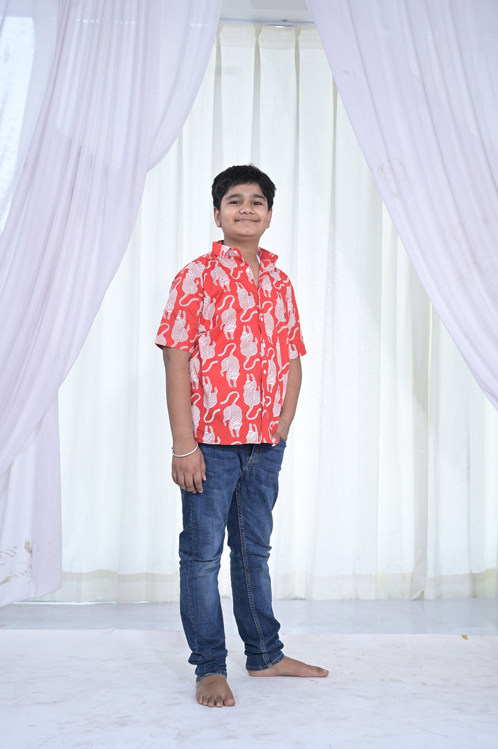 Boys Red Cat Print Cotton Shirt