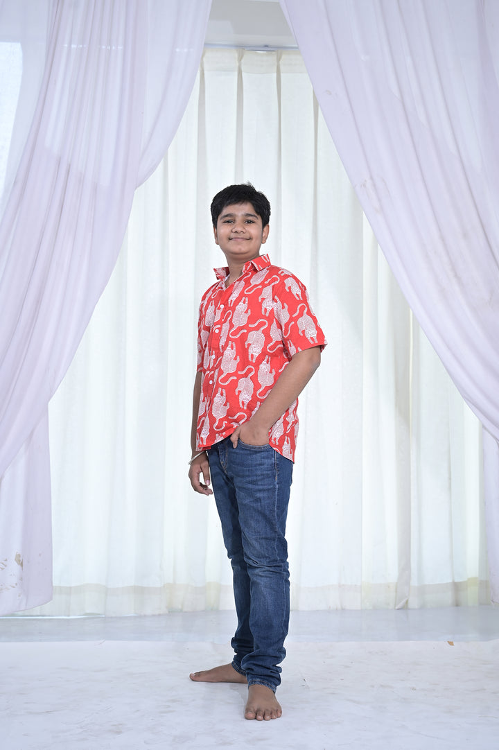 Boys Red Cat Print Cotton Shirt