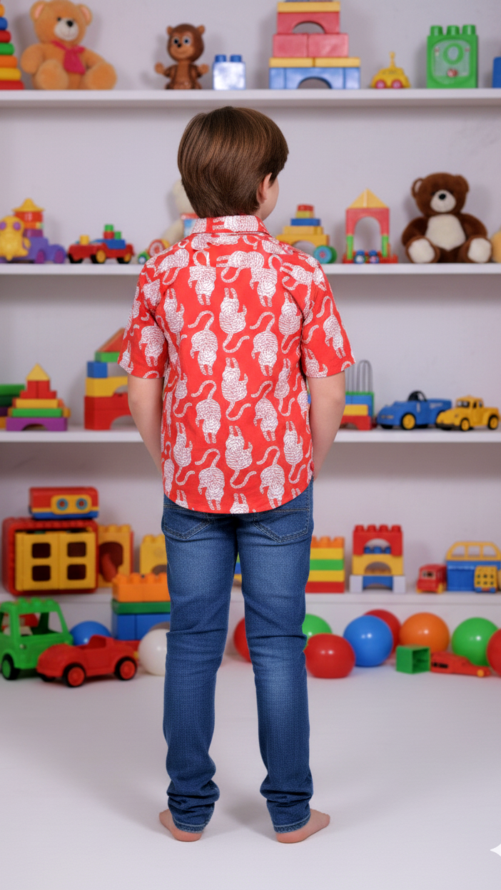 Boys Red Cat Print Cotton Shirt