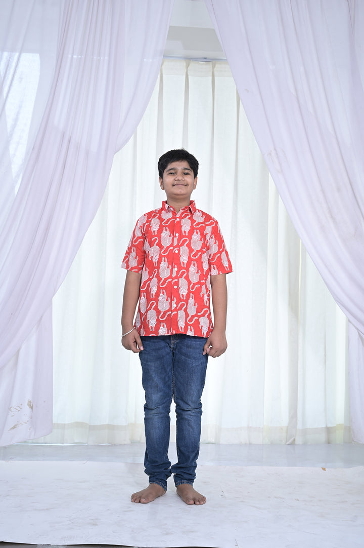 Boys Red Cat Print Cotton Shirt