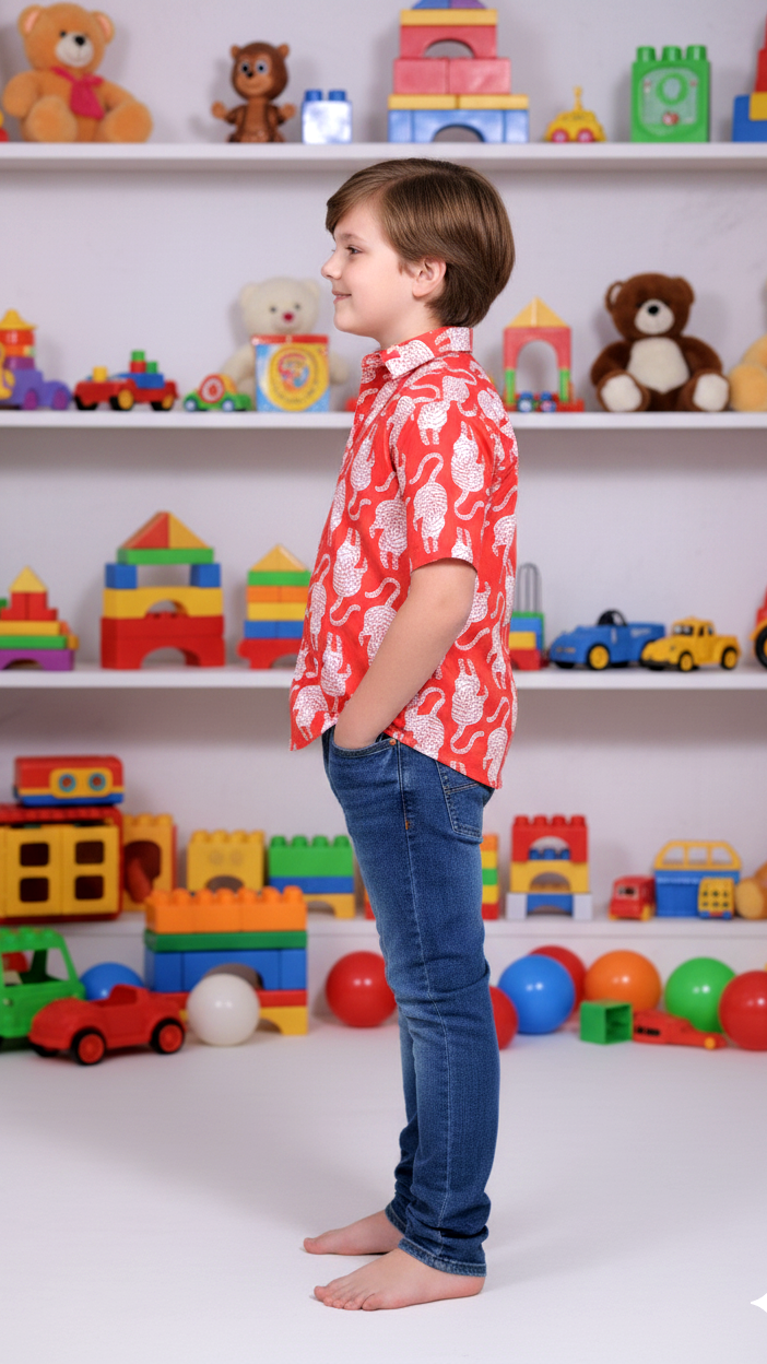 Boys Red Cat Print Cotton Shirt
