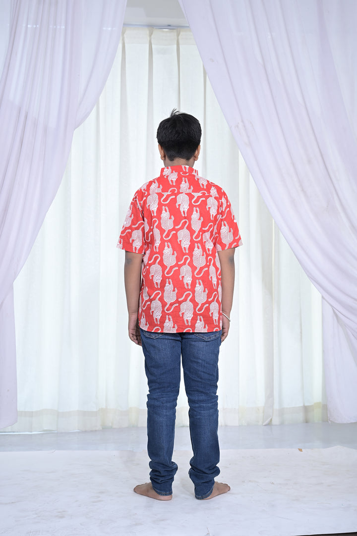 Boys Red Cat Print Cotton Shirt