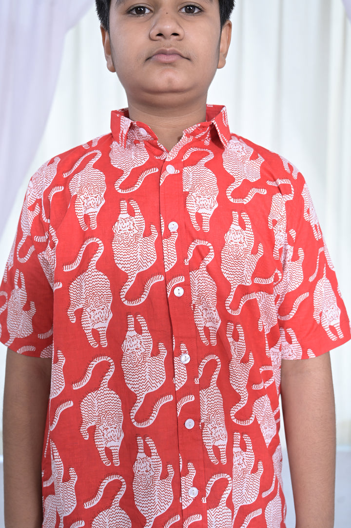 Boys Red Cat Print Cotton Shirt