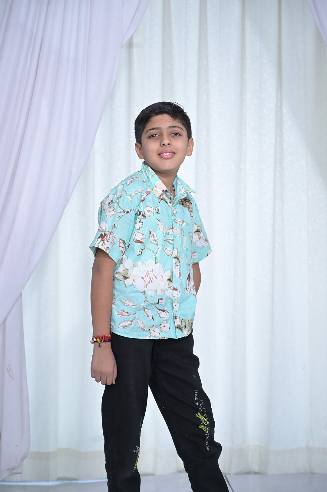 Boys Mint Green Floral Cotton Shirt