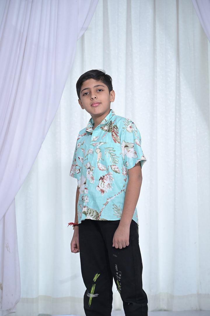 Boys Mint Green Floral Cotton Shirt