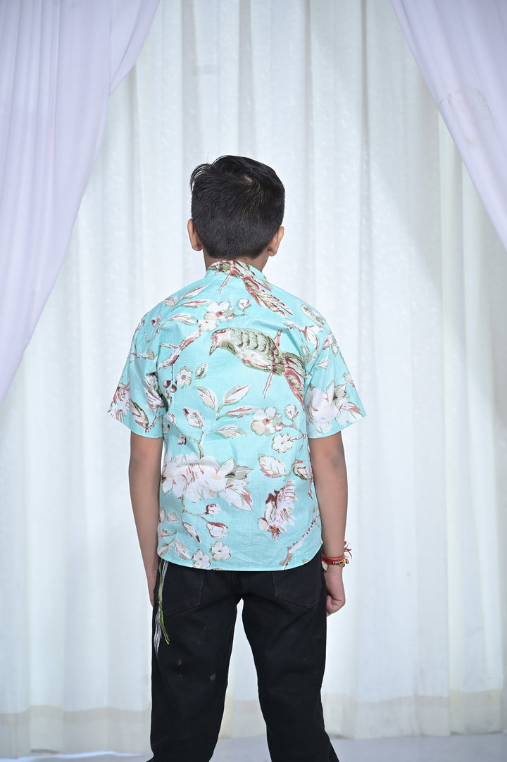Boys Mint Green Floral Cotton Shirt