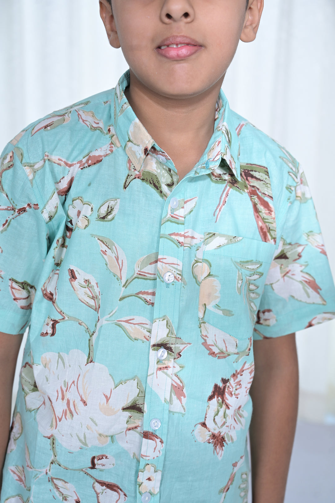 Boys Mint Green Floral Cotton Shirt
