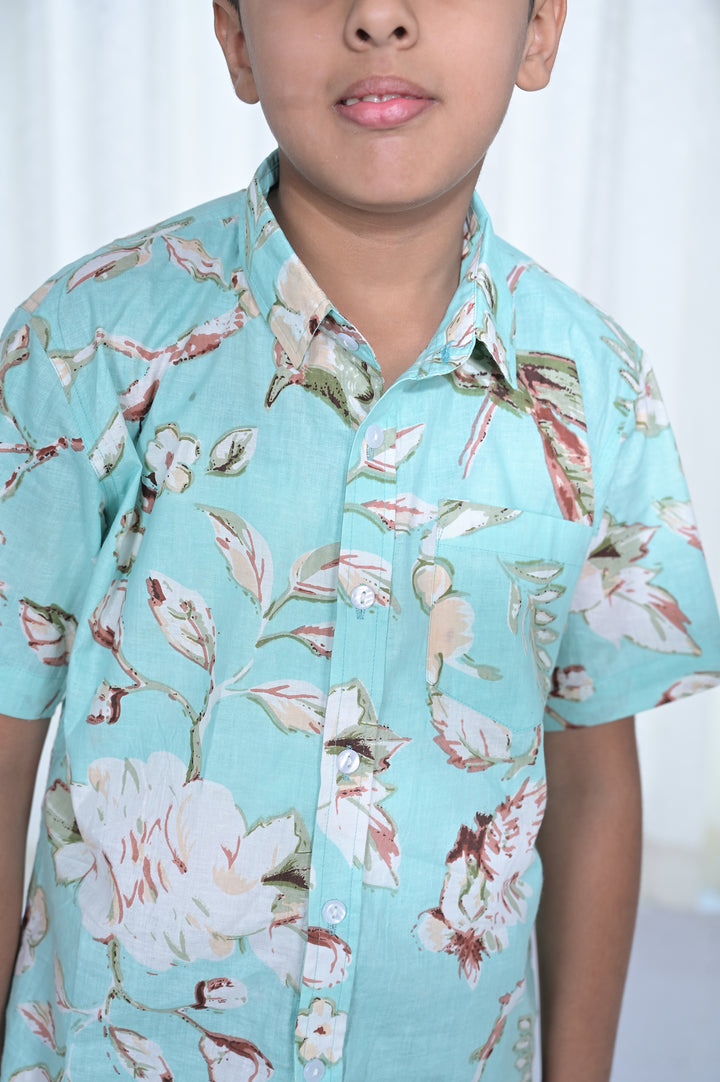 Boys Mint Green Floral Cotton Shirt