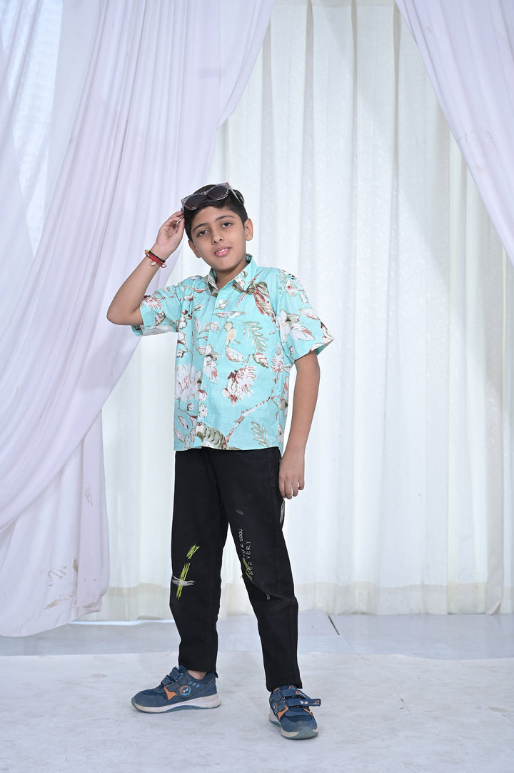 Boys Mint Green Floral Cotton Shirt