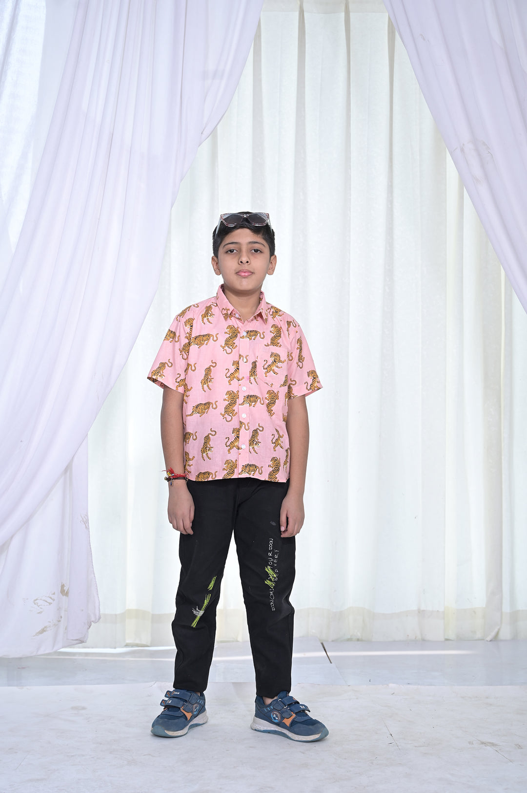 Boys Pink Tiger Print Cotton Shirt