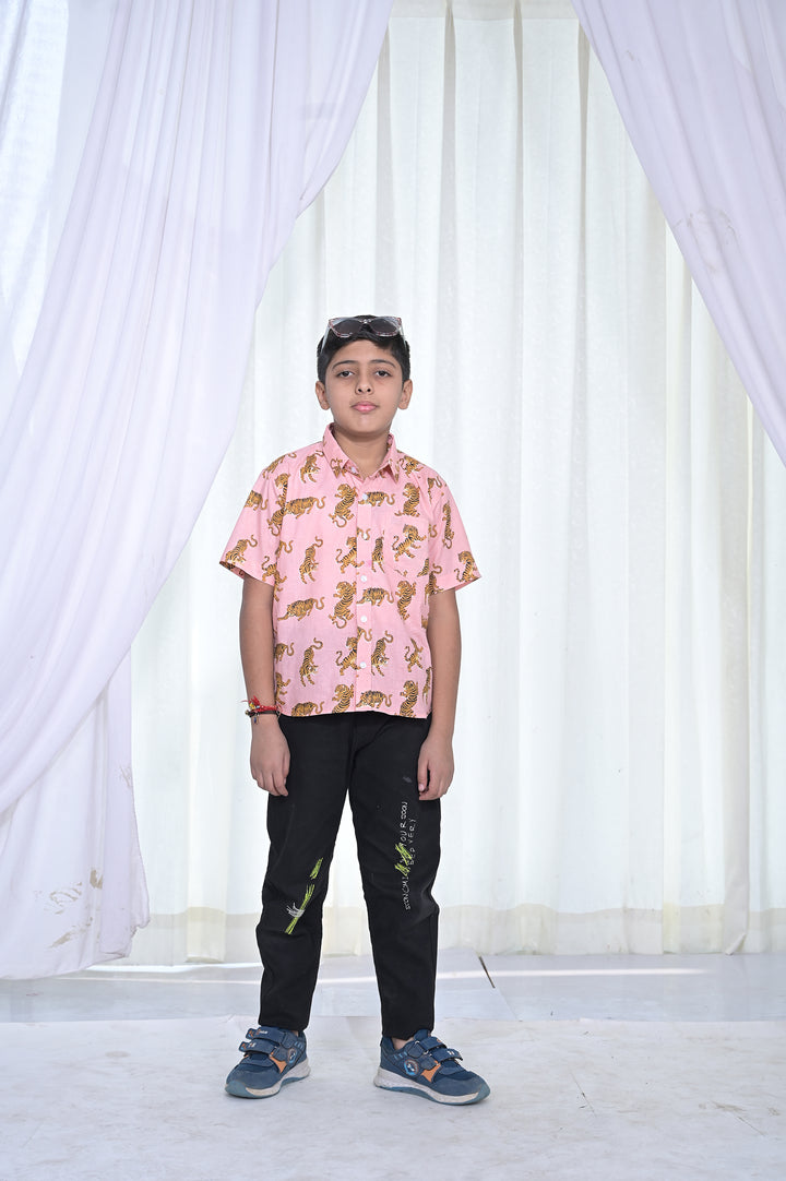 Boys Pink Tiger Print Cotton Shirt