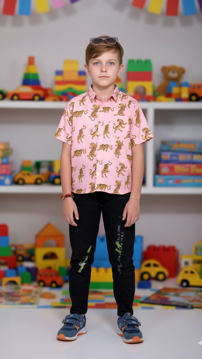 Boys Pink Tiger Print Cotton Shirt