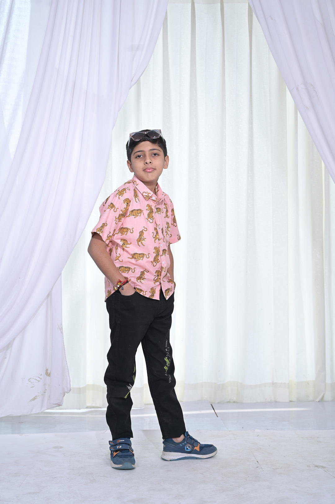 Boys Pink Tiger Print Cotton Shirt