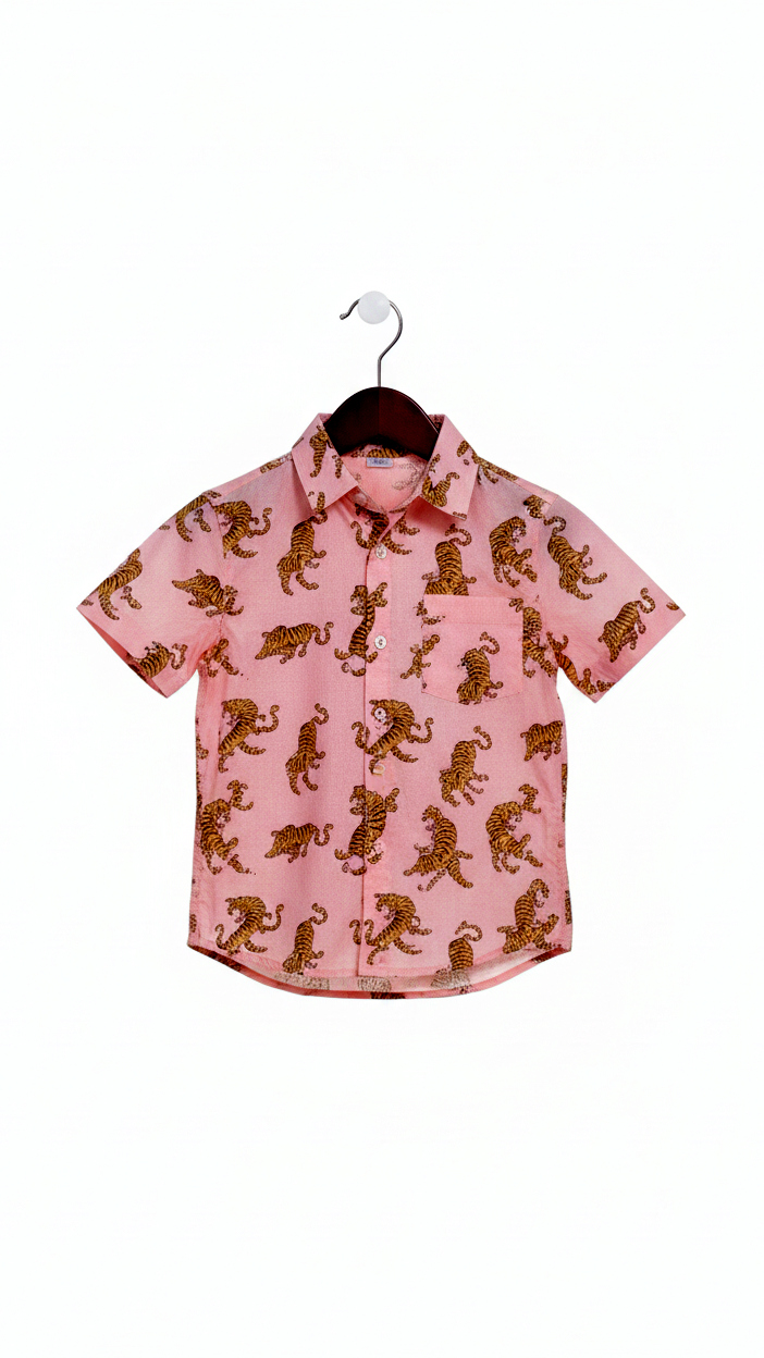 Boys Pink Tiger Print Cotton Shirt
