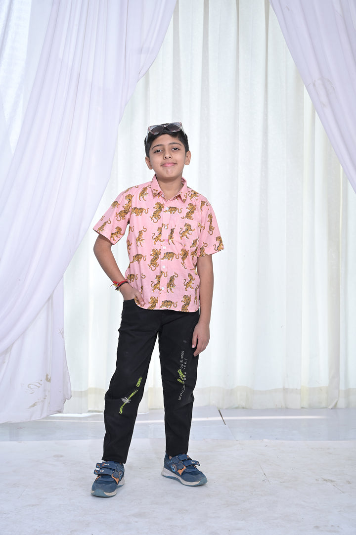 Boys Pink Tiger Print Cotton Shirt