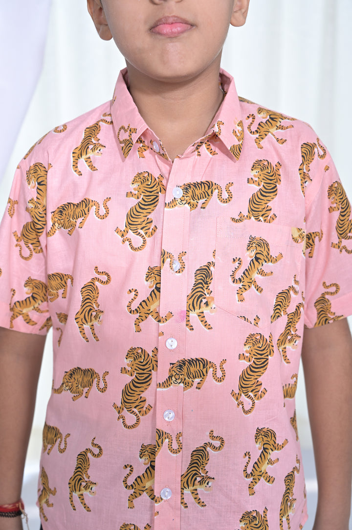 Boys Pink Tiger Print Cotton Shirt