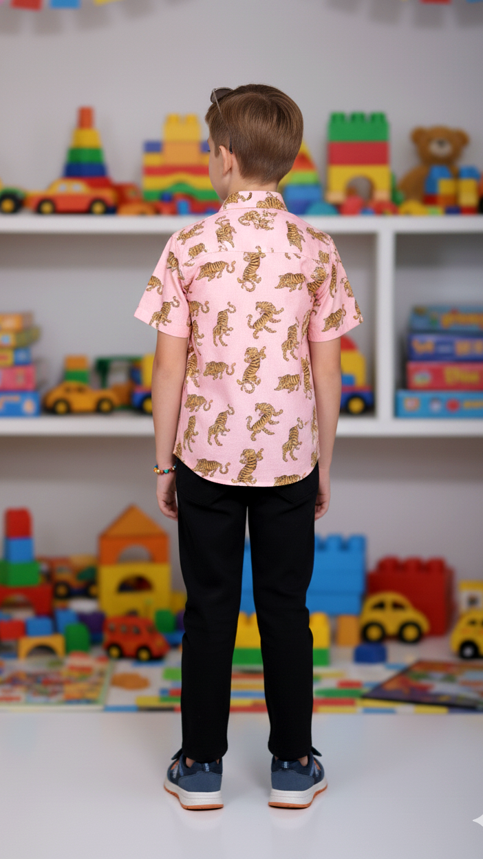 Boys Pink Tiger Print Cotton Shirt