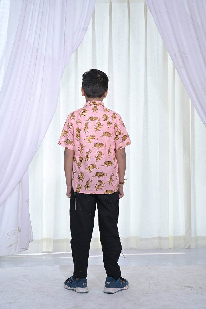 Boys Pink Tiger Print Cotton Shirt