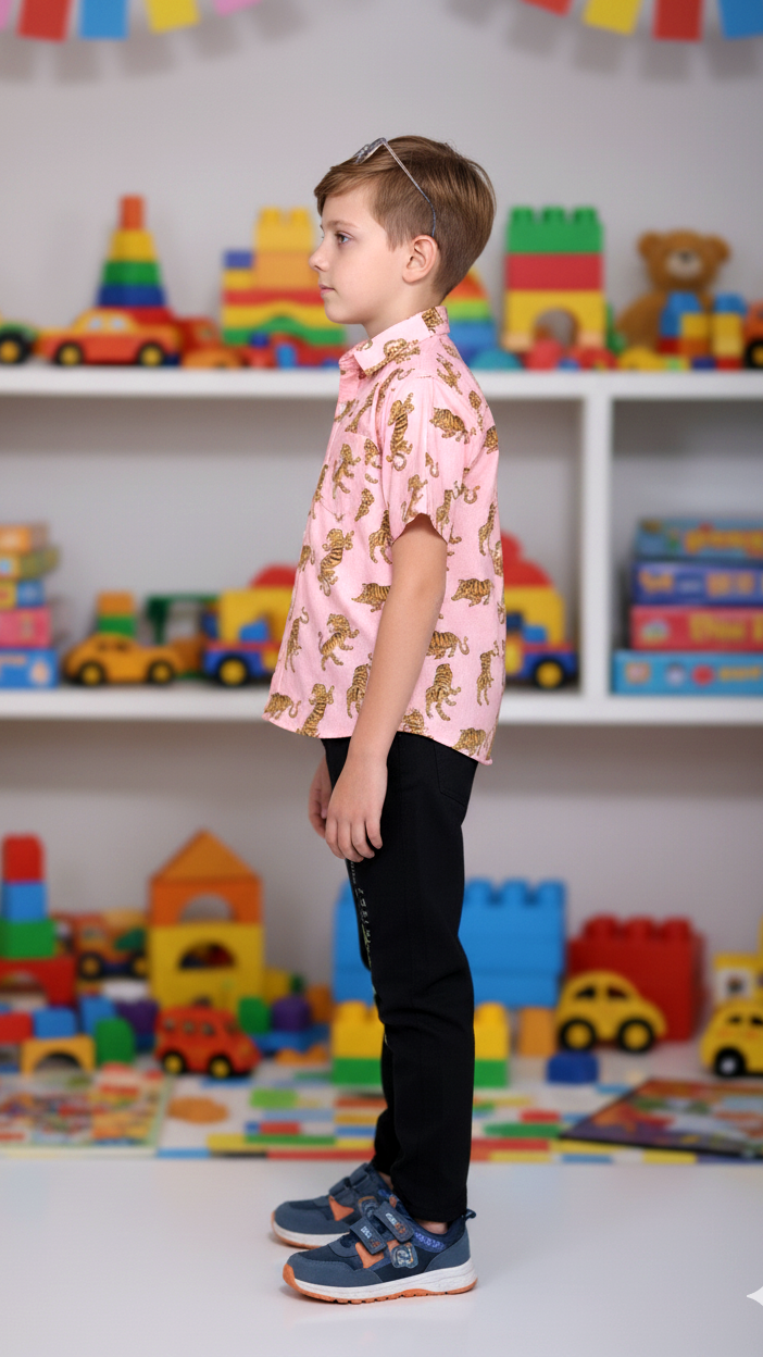 Boys Pink Tiger Print Cotton Shirt