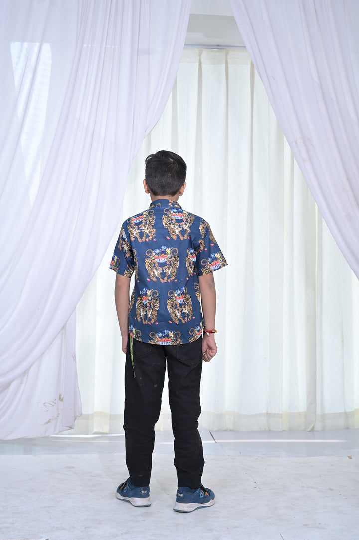 Boys Navy Blue Royal Tiger Print Shirt