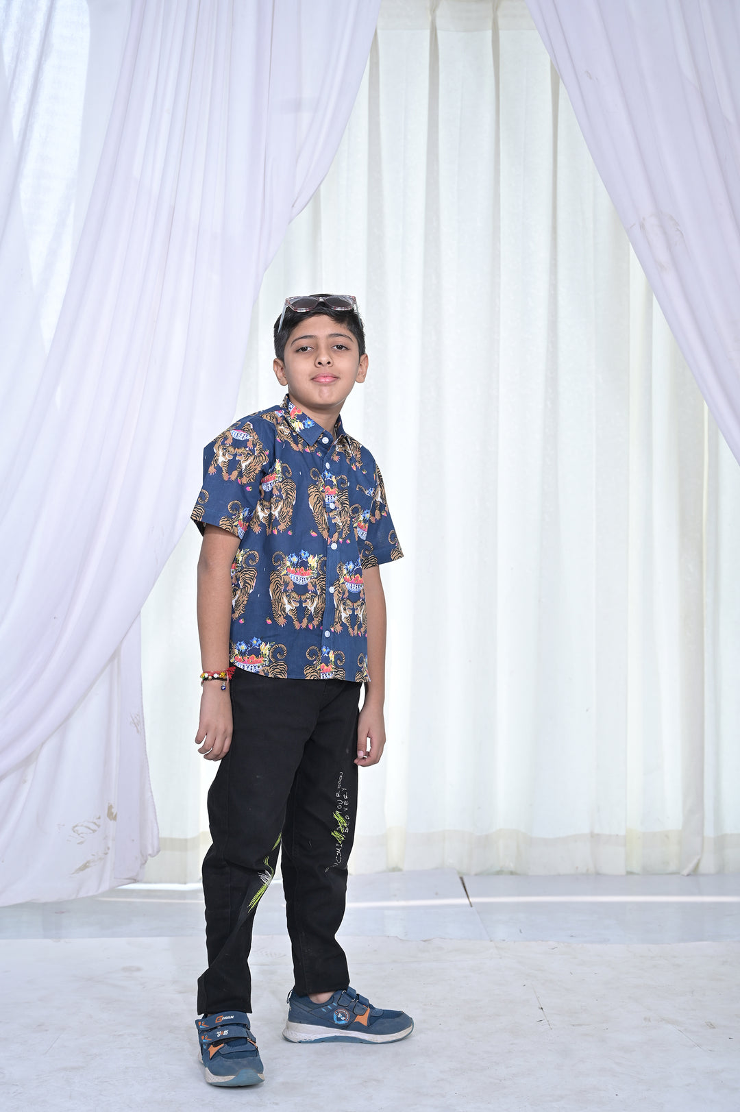 Boys Navy Blue Royal Tiger Print Shirt