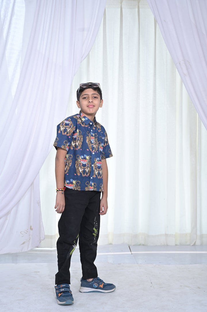 Boys Navy Blue Royal Tiger Print Shirt