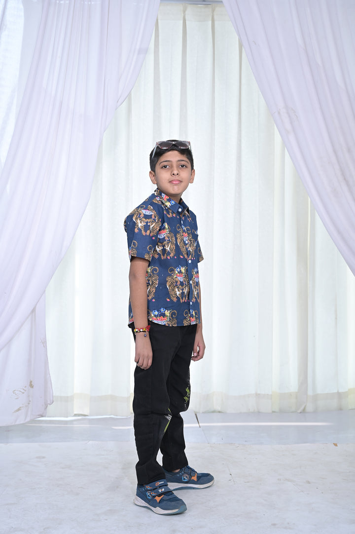 Boys Navy Blue Royal Tiger Print Shirt