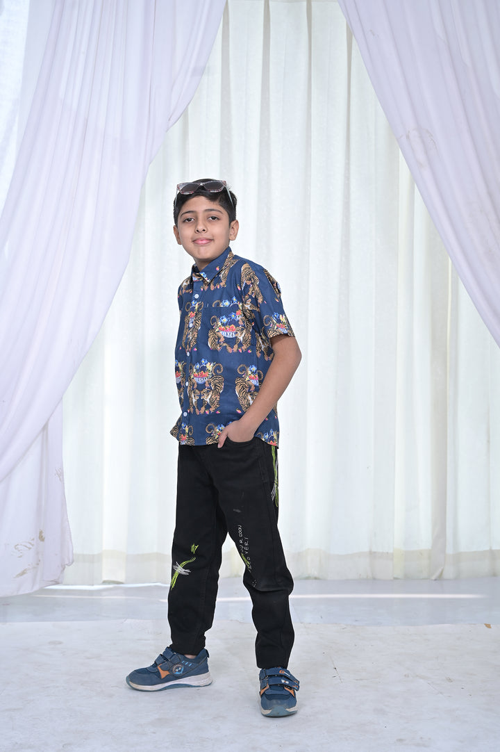 Boys Navy Blue Royal Tiger Print Shirt